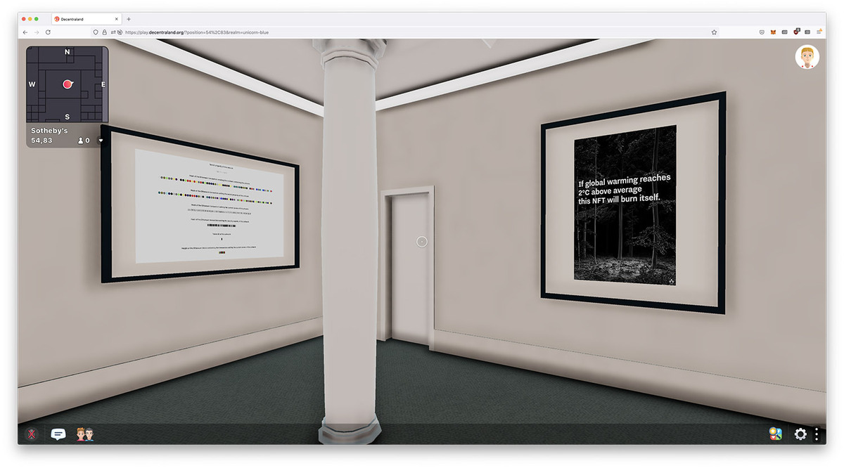 Two Degrees NFT (right) in Sotheby's Natively Digital: A Curated NFT Sale exhibition in decentraland.org (2021)