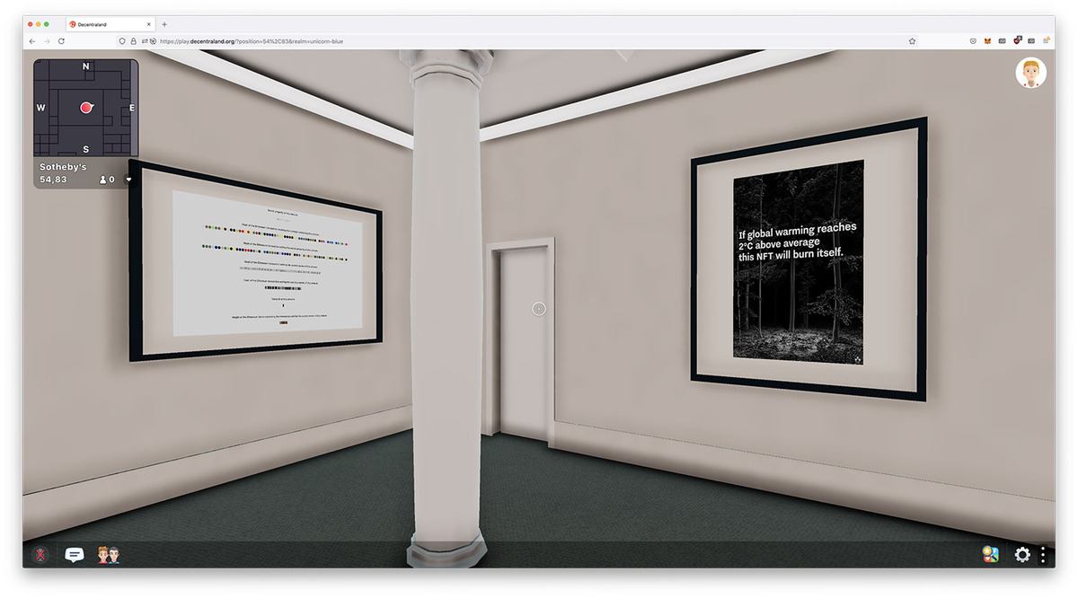 terra0's 'Two Degrees' NFT (right) in Sotheby's 'Natively Digital: A Curated NFT Sale' exhibition in decentraland.org